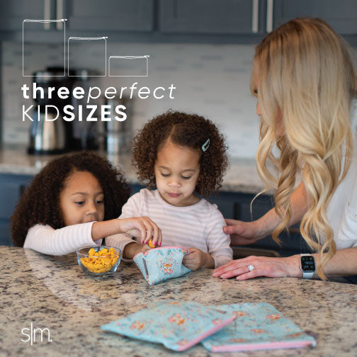 Ellie Snack Bag product displayed on a gray and white kitchen countertop with stainless steel accents and granite surface