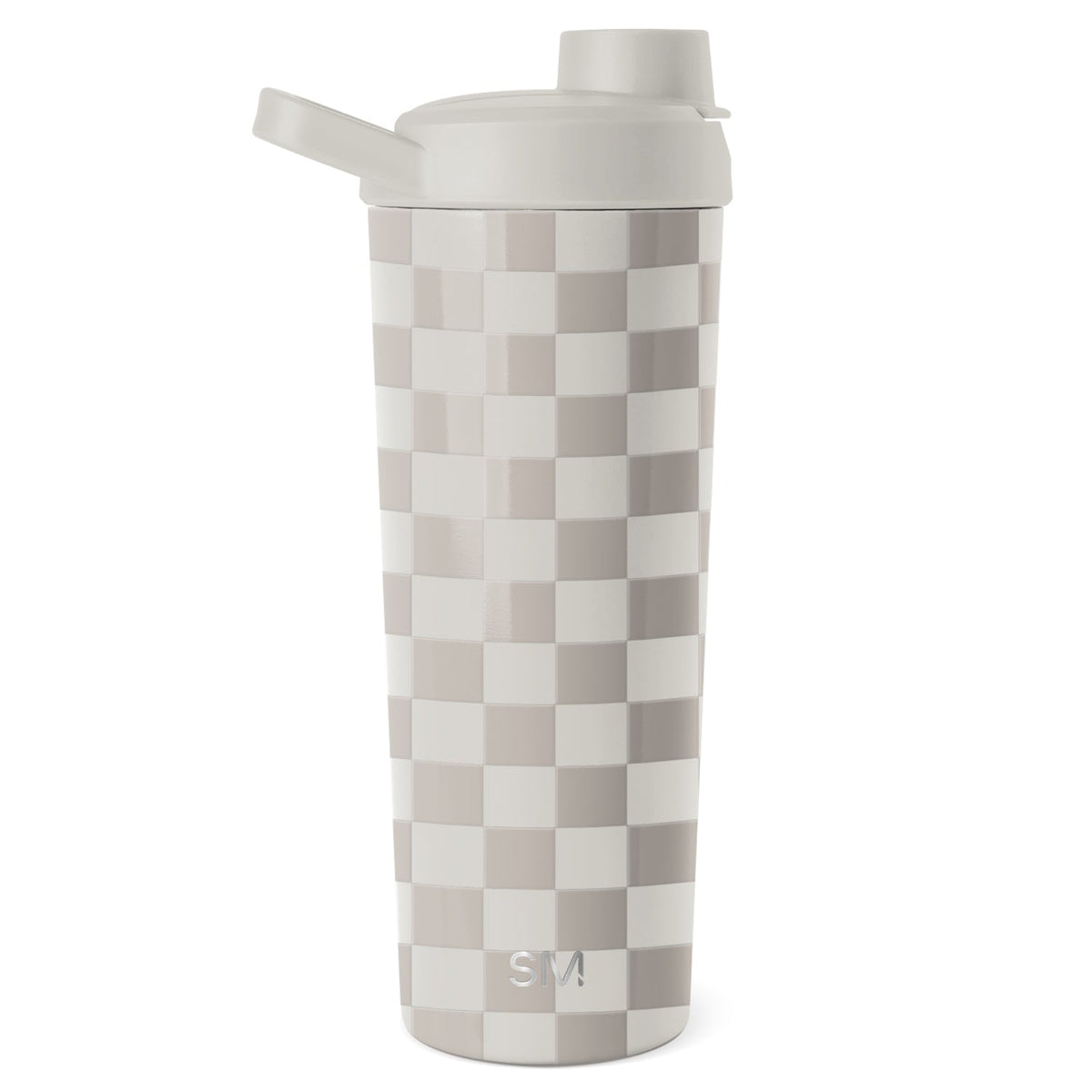 Simple modern checkerboard tumbler with soft white, warm beige, and muted taupe tones in a classic pattern design
