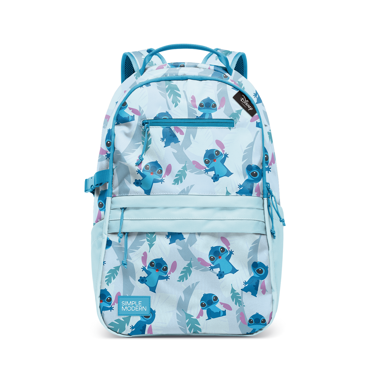 Light blue backpack with teal blue characters and leaf motifs, accented with dusty purple details.