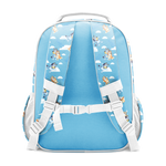Sky blue backpack with white straps, trim, and mesh side panels, featuring illustrated characters and cloud motifs