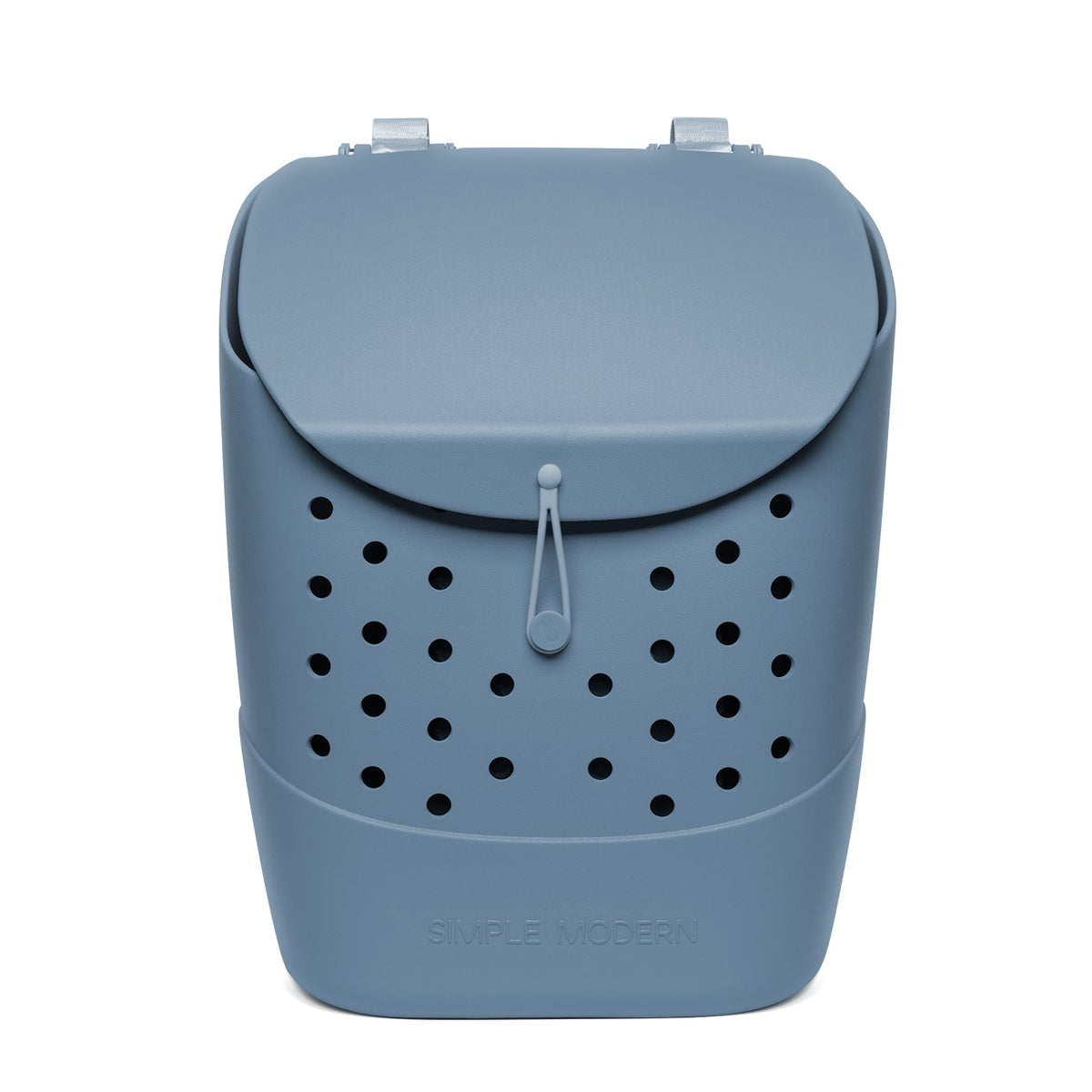Soft blue-gray bucket with black perforated details and light gray lid flap