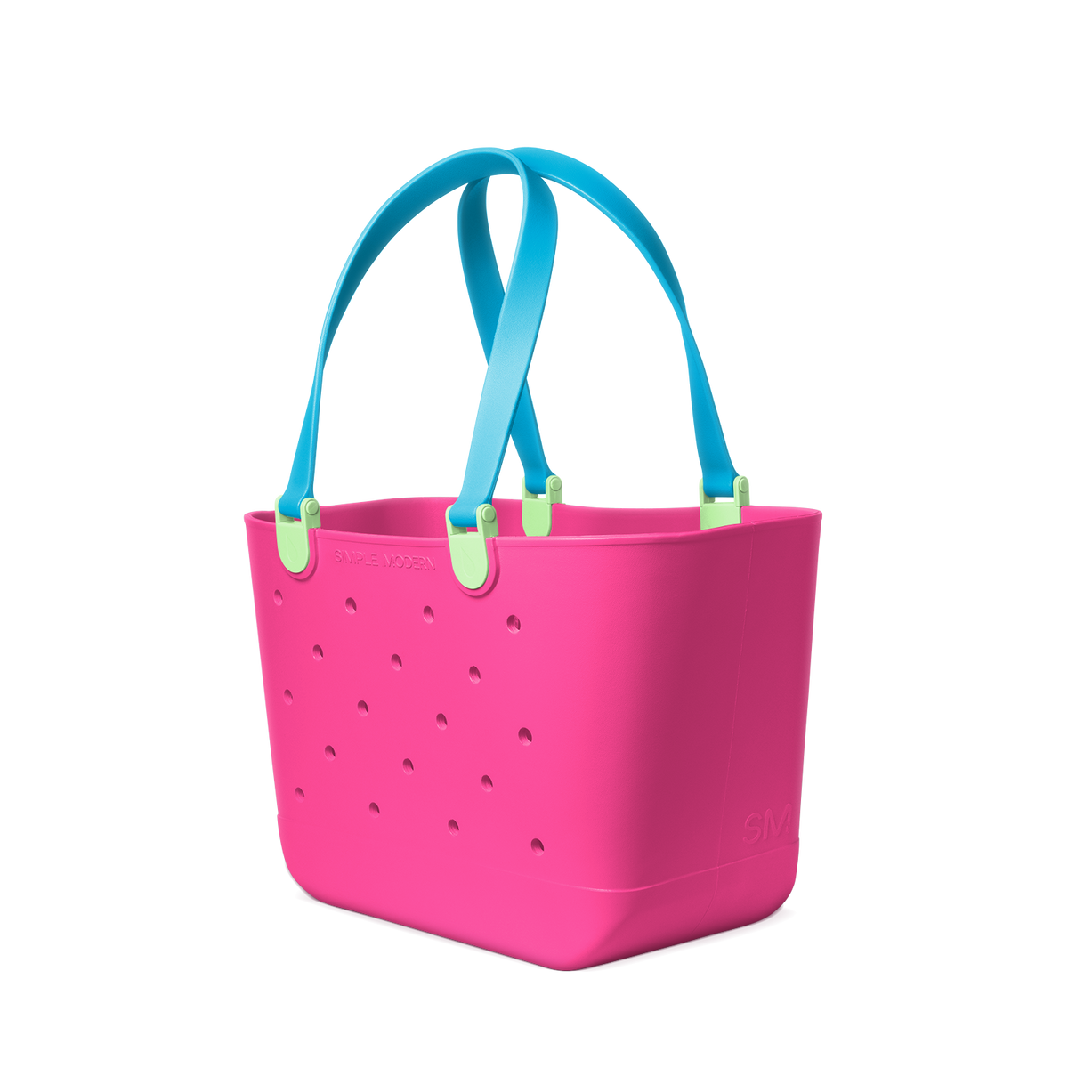 Hot pink tote bag with turquoise handles and neon yellow accent tabs