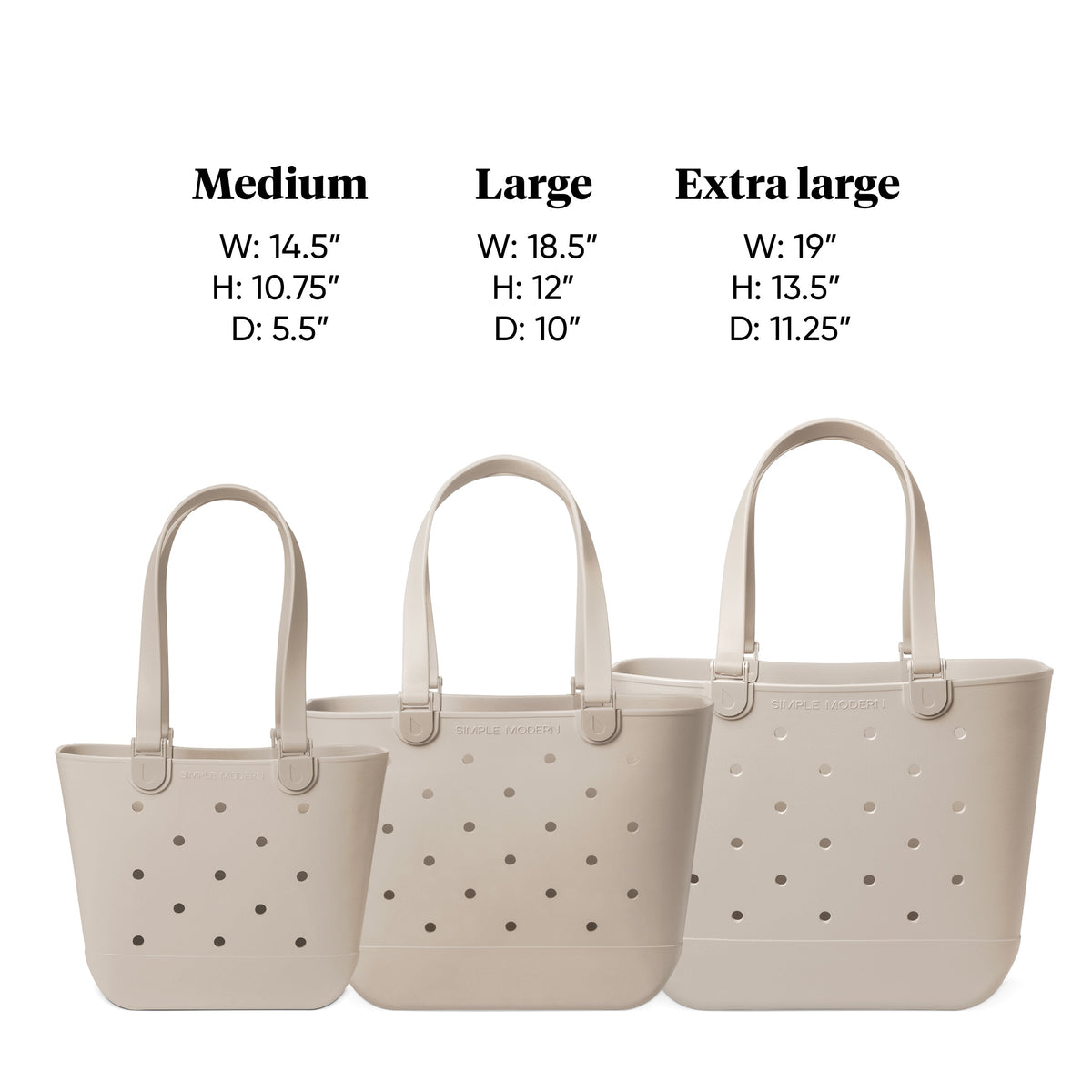 Three cream-colored tote bags in ascending sizes showing dimensions: Medium 14.5"W x 10.75"H x 5.5"D, Large 18.5"W x 12"H x 10"D, Extra Large 19"W x 13.5"H x 11.25"D. Perforated design, rounded handles.