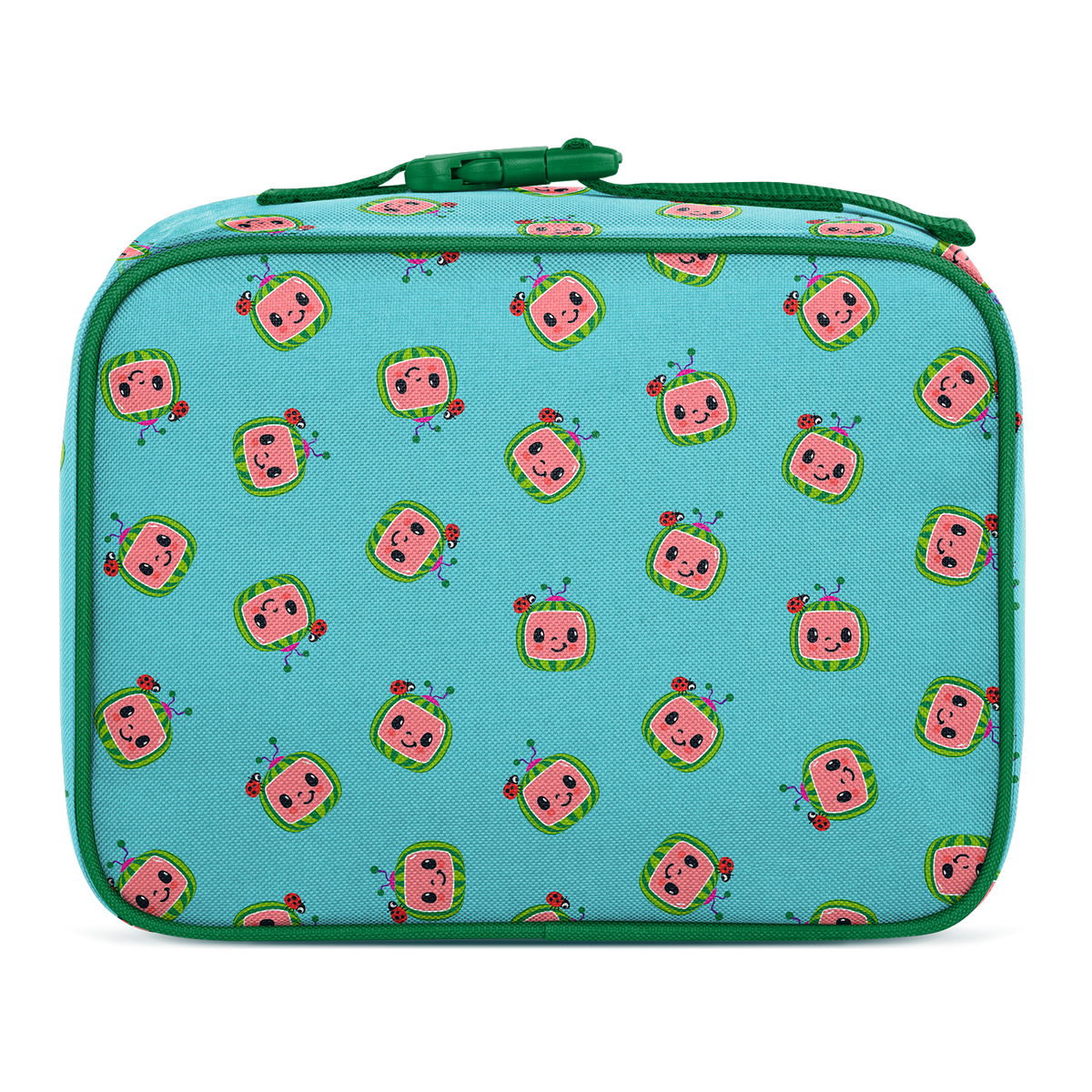 Turquoise blue insulated children's lunch box with white background, front view product shot