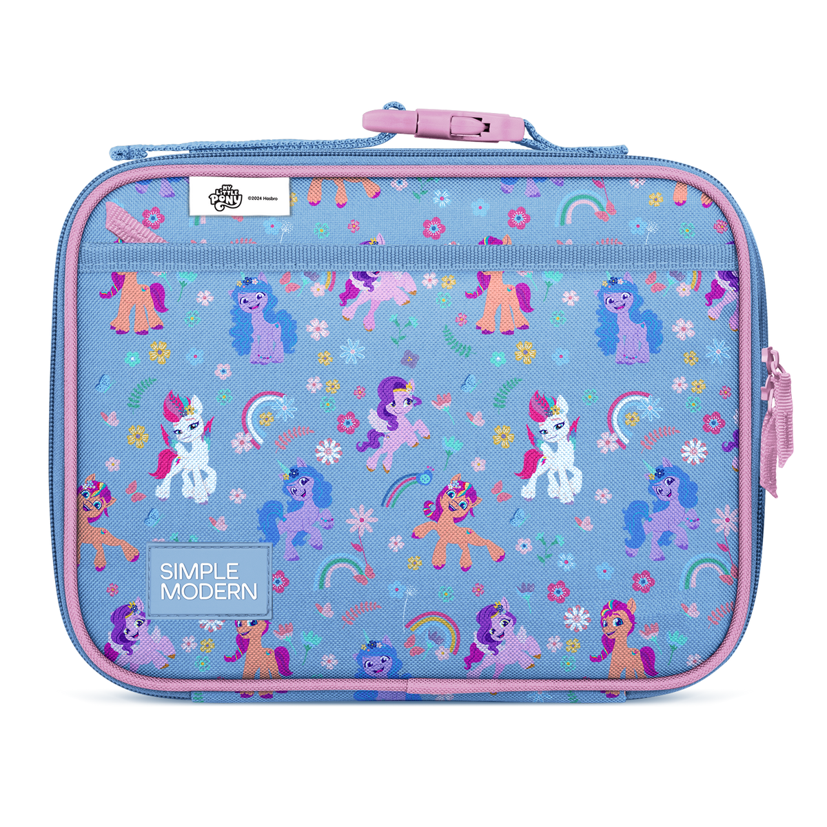 Periwinkle blue backpack with hot pink and mauve accents, featuring vibrant magenta interior lining details.