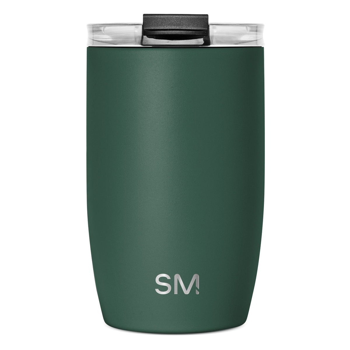 Stainless steel insulated tumbler with forest green powder-coated exterior and brushed finish, cylindrical shape with slight taper