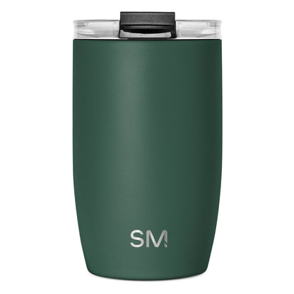 Stainless steel insulated tumbler with forest green powder-coated exterior and brushed finish, cylindrical shape with slight taper
