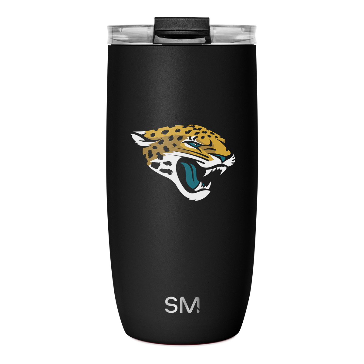 Black matte tumbler with Jacksonville Jaguars logo featuring gold and mustard yellow jaguar head and body with white accents