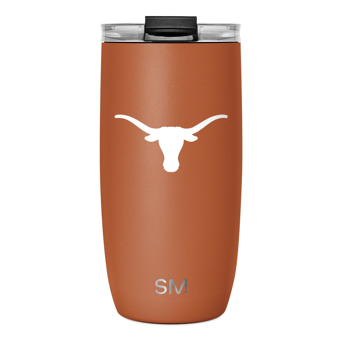 Terracotta-orange insulated tumbler with matte finish and tapered base on white background