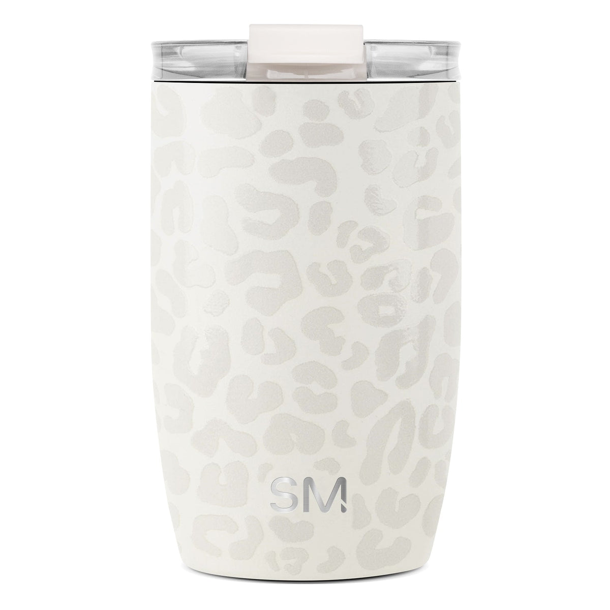 Cream-colored tumbler with soft gray and beige leopard print pattern and clear translucent lid