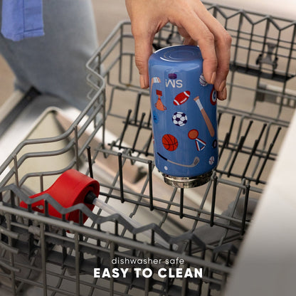 Bright blue Simple Modern water bottle with stainless steel silver accents, displayed on white background to highlight dishwasher-safe design feature.