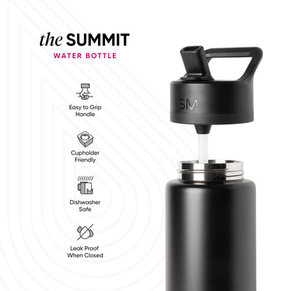 Matte black Simple Modern Summit water bottle with silver metal band and black cap with handle loop, displayed with feature icons for grip, cupholder friendly, dishwasher safe, and leak proof design.
