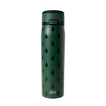 Forest green water bottle with black tree design and lid, displayed against neutral background