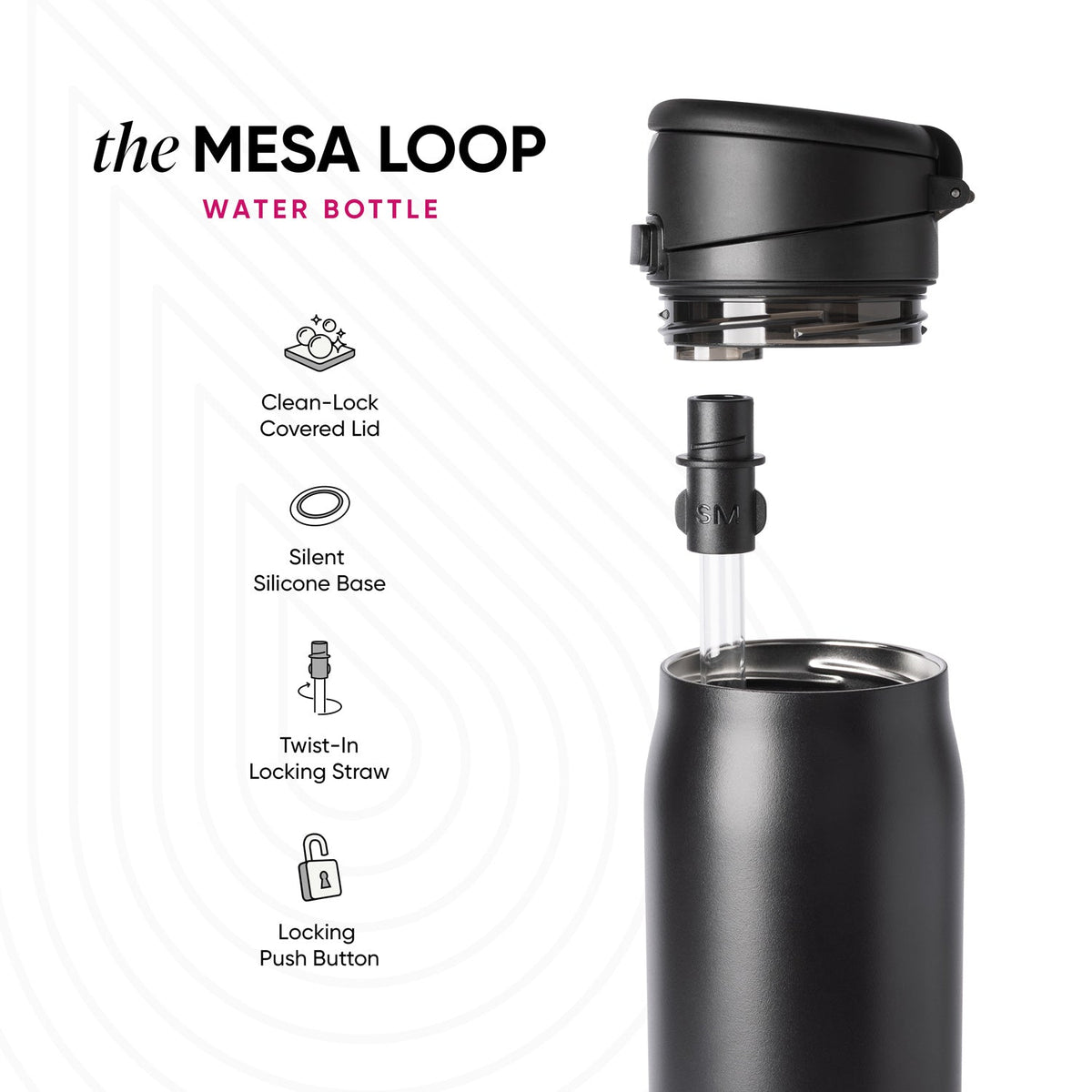 Mesa Loop water bottle by Simple Modern displayed disassembled, showing matte black double-wall design with flip-top lid and straw. Four feature icons on left highlight Clean-Lock Covered Lid, Silent Silicone Base, Twist-In