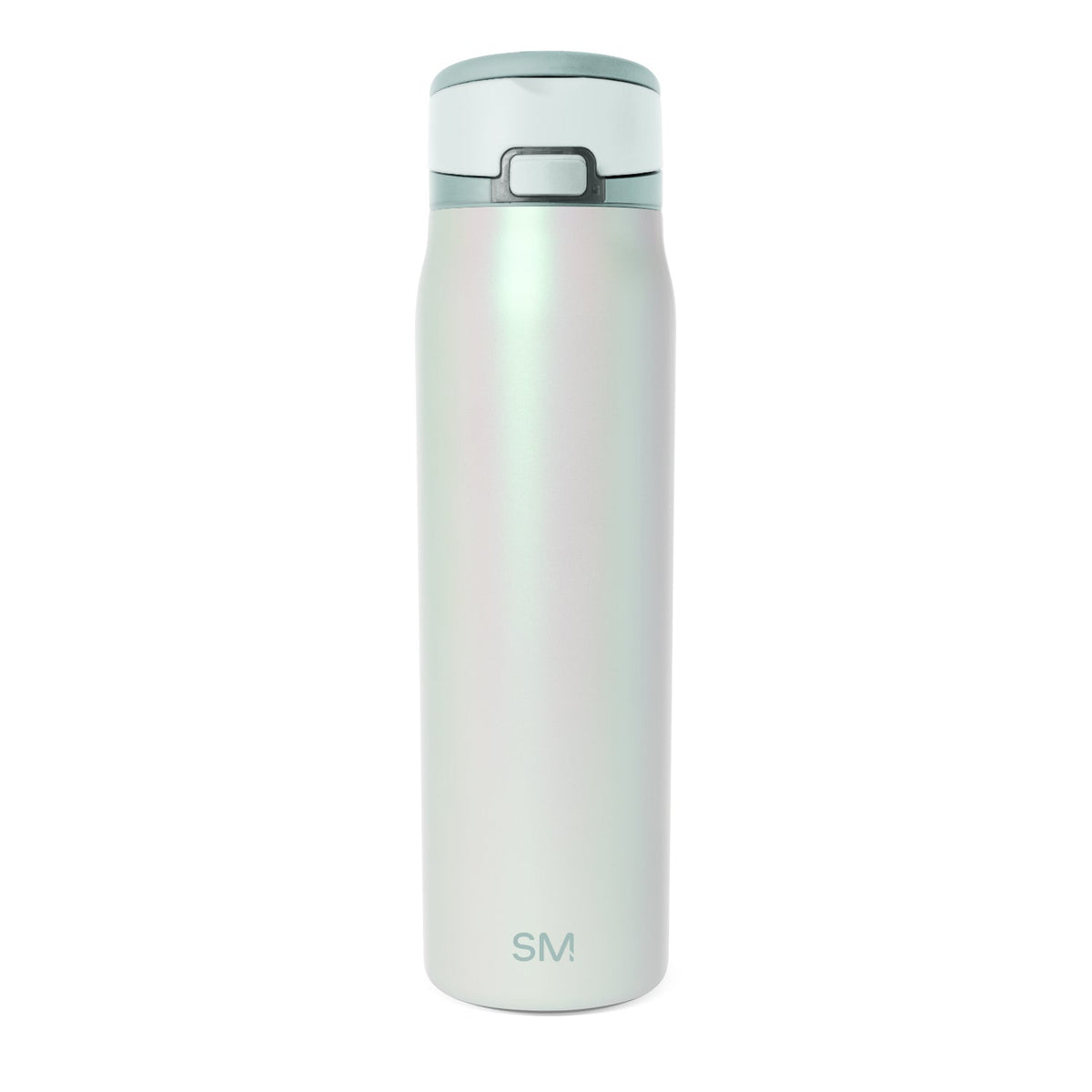 Tall insulated water bottle with pale mint green color and subtle iridescent finish, minimalist design