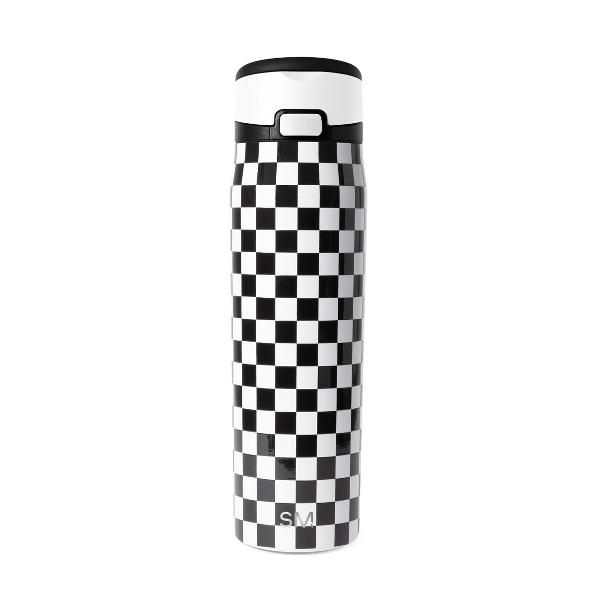 Black and white checkerboard insulated water bottle with black lid and carrying handle. Simple Modern logo on lower section. Studio product photo on white background.