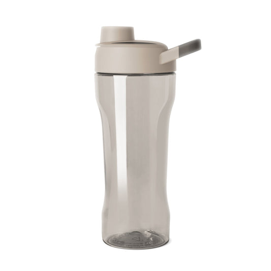 Translucent frosted plastic skincare bottle with warm greige and cream tones, featuring a clear body and matching top cap against a neutral background