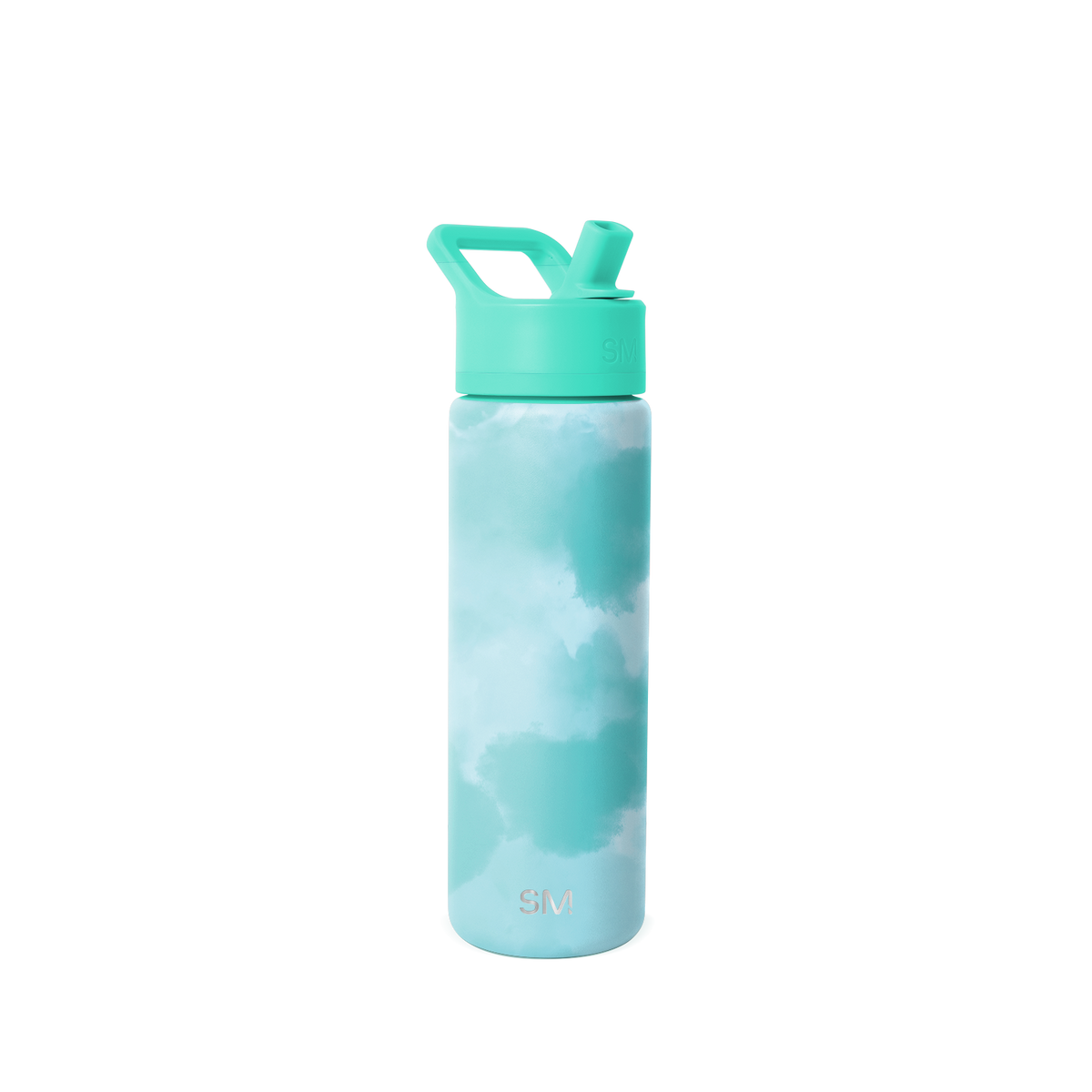 Soft turquoise water bottle with white base and bright mint green cap and handle