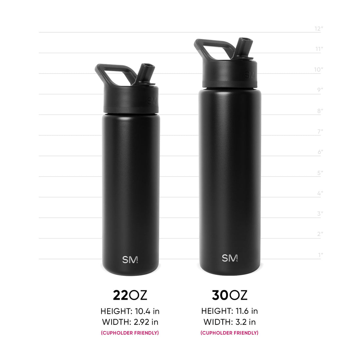 Two matte black insulated water bottles side by side with measurement grid. Left: 22OZ bottle, 10.4" height x 2.92" width. Right: 30OZ bottle, 11.6" height x 3.2" width. Both feature flip-top caps and SM logo. Cupholder