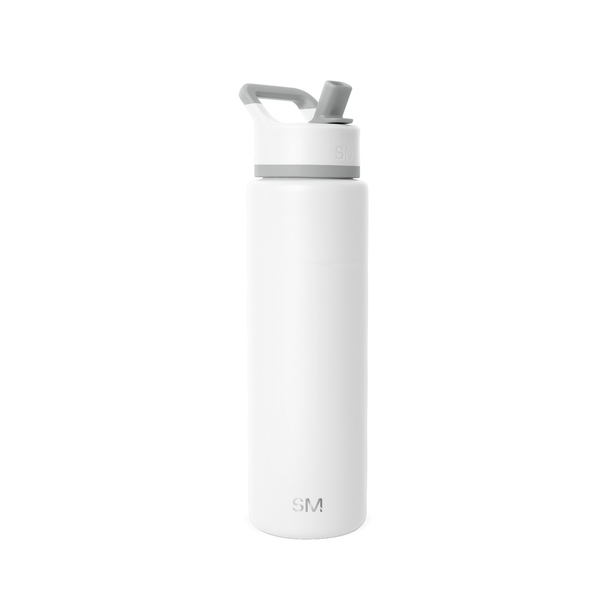 White cylindrical water bottle with tapered modern design and gray-white lid with angular handle