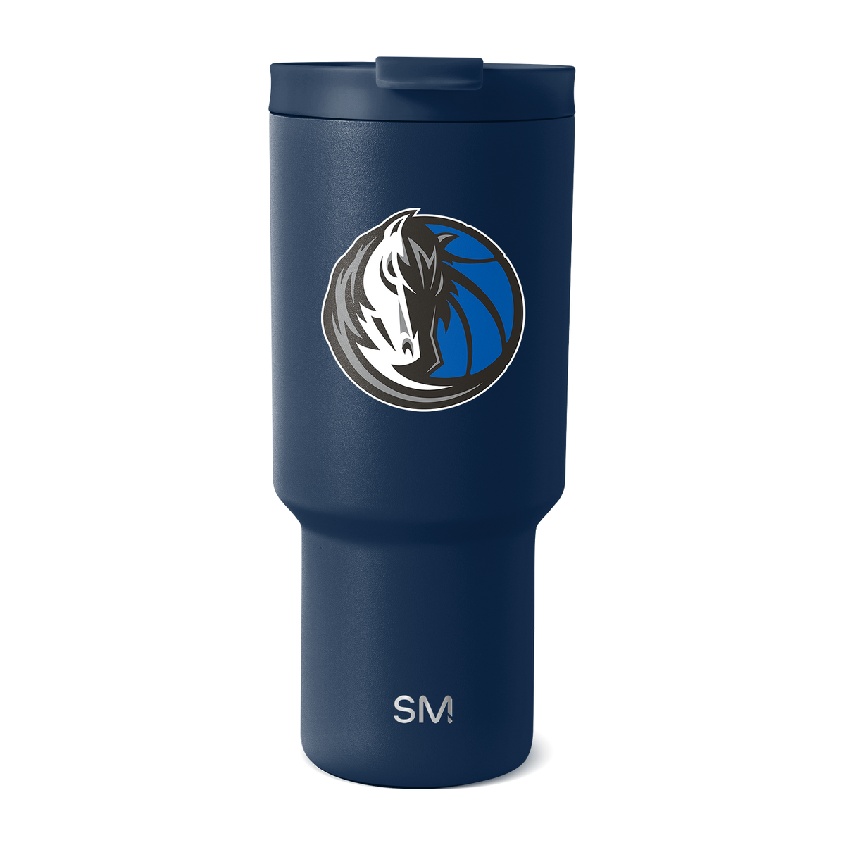 Navy blue insulated tumbler with white graphics, featuring a professional design on a deep saturated background.