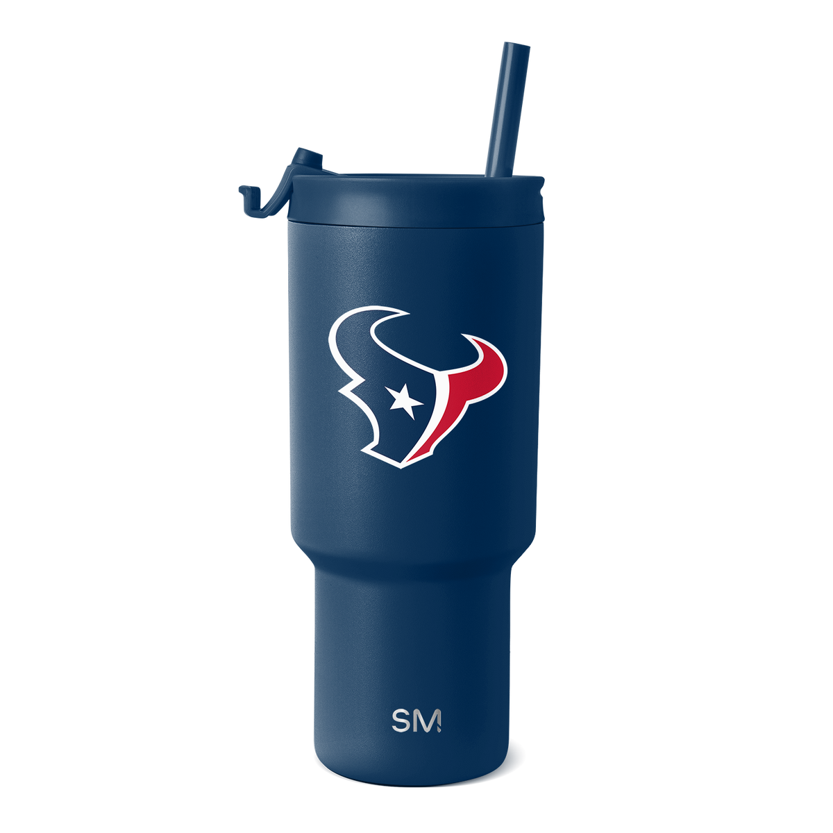 Deep navy blue tumbler with white logo and text branding, red design accents
