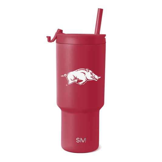 Burgundy matte tumbler with gradient finish, cylindrical body, lid, and handle