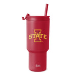 Cardinal red tumbler with golden yellow printed logo, designed for beverage containment and insulation
