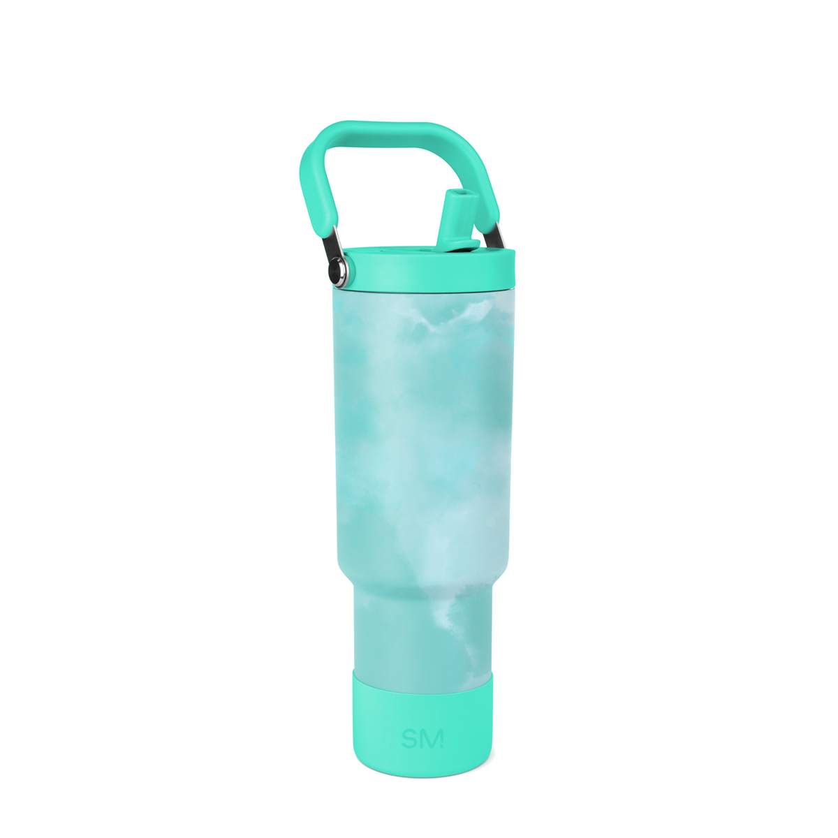 Turquoise and white translucent plastic bottle with rigid structural components and blue-gray tints